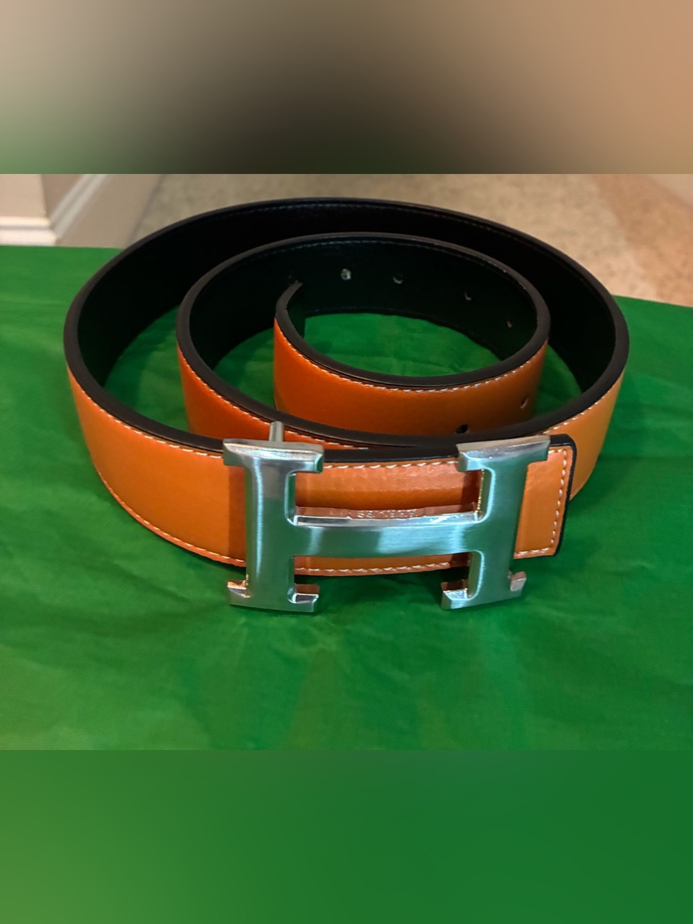 Source Unknown Orange Leather Belt with Silver H Buckle